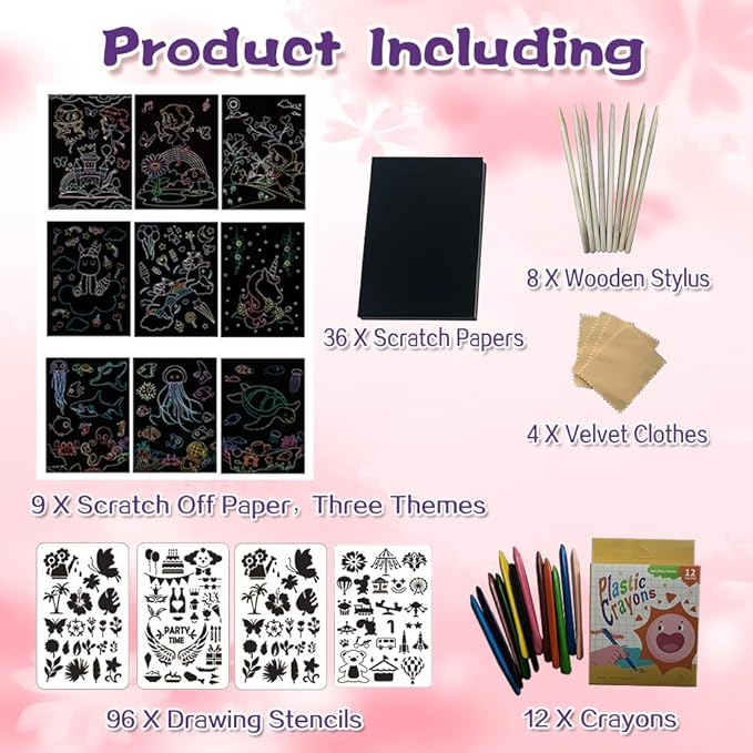 OMTOFUEN 36+9 Scratch Art Paper Kit with Pre-Outlined Template Customizable Paper 4 Follow Boards 8 Scratch Pens 12 Crayons 4 Velvet Clothes for up to 8 Kids Party Gift Birthday Christmas Halloween