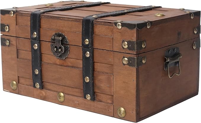 Deluxe Wooden Treasure Chest - 11" x 7.1" x 5.5", Elegant Storage Box with Sturdy Hinged Lid, Vintage-Inspired Decorative Trunk for Keepsakes, Brown