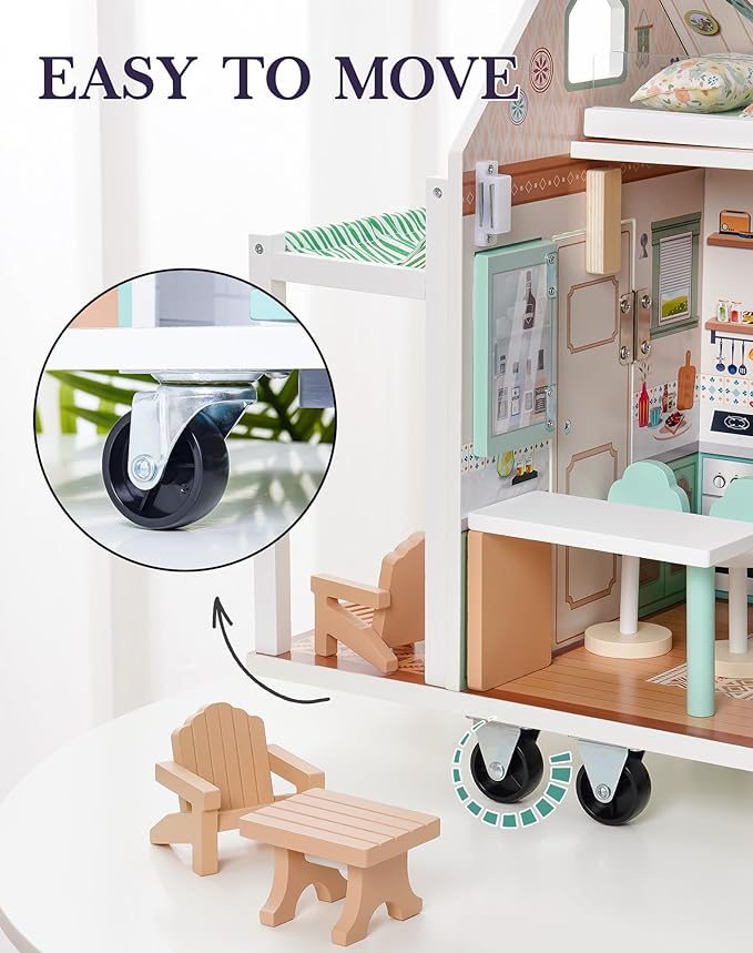 ROBOTIME Doll House, Wooden Dollhouse with Wheels for Girls, Pretend Play RV Set Dollhouse Moveable with 10+Pcs Furniture Accessories, Gift for Kids Ages 3+