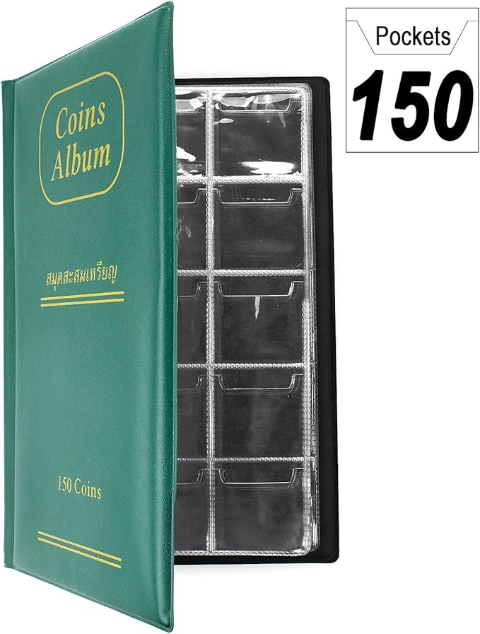150 Pockets Coin Album, Penny Collecting Book, Souvenir Coins Collection Holder, Ideal for Pressed Pennies Passport, Hobby Coin Collector, Money Specie Display Storage Case (Green)