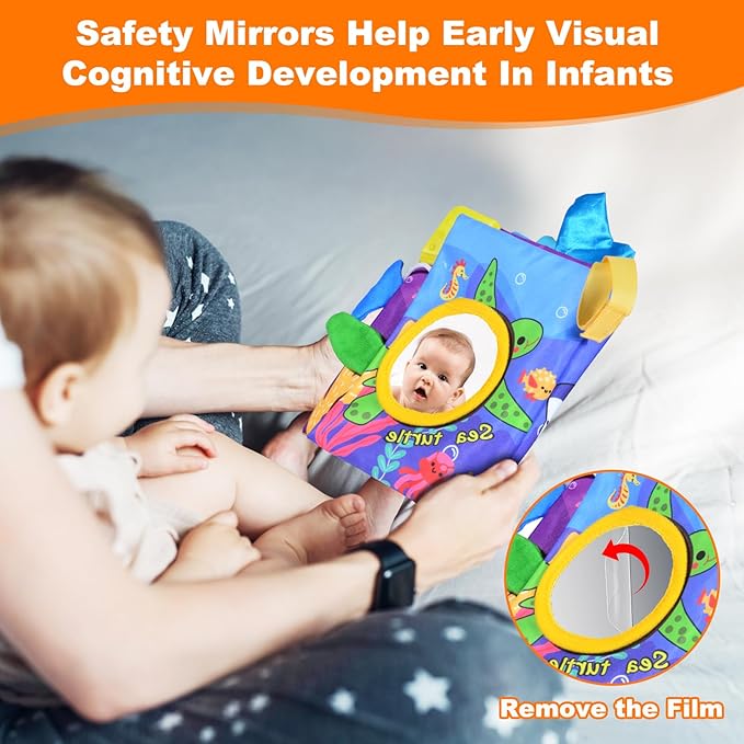 Crinkle Books for Babies,Touch and Feel Cloth Soft Books for Babies,Sensory for Baby Books 0-6 Months with Bi Bi Whistle,Mirror & Teething Toys,for Boy and Girl Gifts for Newborn Babies