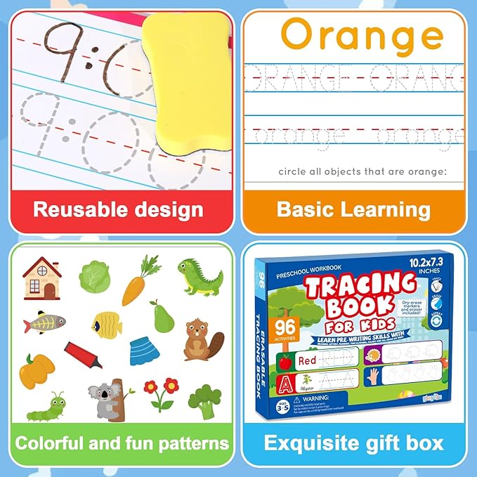 gisgfim Preschool Learning Activities 96 Pages Tracing Books for Kids Ages 3-5 Kindergarten Workbooks Dry Erase Autism Learning Workbook Writing Practice for Kids Letter Tracing Pre K Busy Book 6 Pads