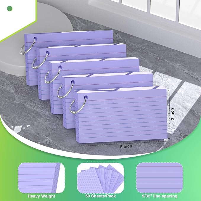 250 Count Purple Index Cards with Ring 3 x 5 Inch Heavyweight Ruled Index Cards, Flash Cards for School & Office Supplies and Home Organization, Durable Study To Do List Note Cards with Ruled Lines