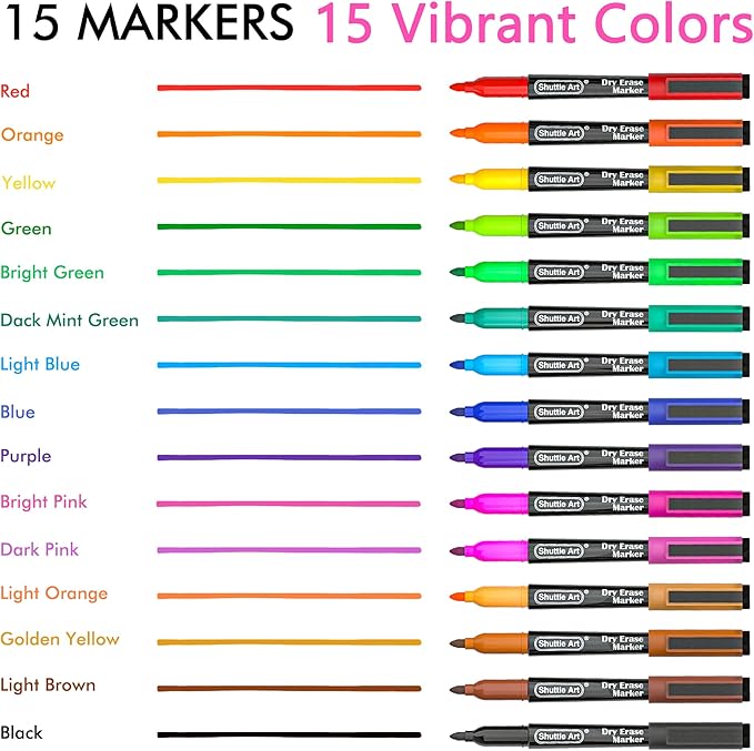 Shuttle Art Dry Erase Markers, 15 Colors Magnetic Whiteboard Markers, Fine Point, Perfect For Writing on Whiteboards, Dry-Erase Boards,Mirrors for School Office Home