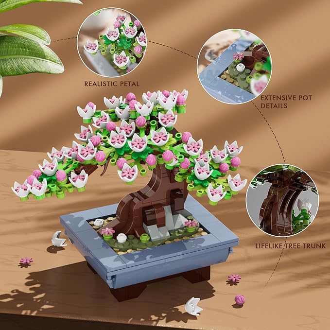 HOGOKIDS Cherry Blossom Flowers Building Set - 584PCS 4 Seasons Bonsai Tree Building Block Toy, Botanical Collection DIY Plant Home Office Decor for Adults, Flora Birthday Gift for Kids Girls Boys 6+