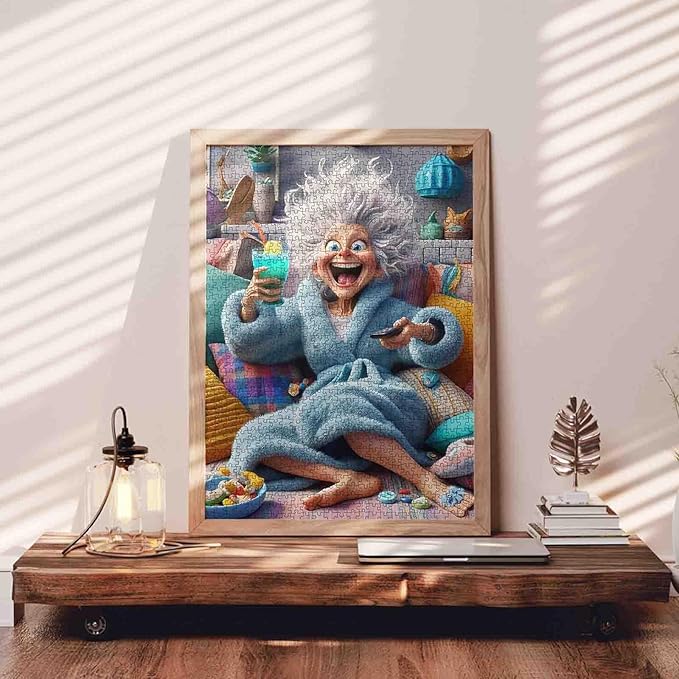 Funny Blue Bathrobe Grandma Jigsaw Puzzle for Adults 1000 Pieces Cozy Living Room Scene Whimsical Home Decor Relaxing Game 20×27 Inches Unique Gifts for Puzzle Lovers Family Entertainment