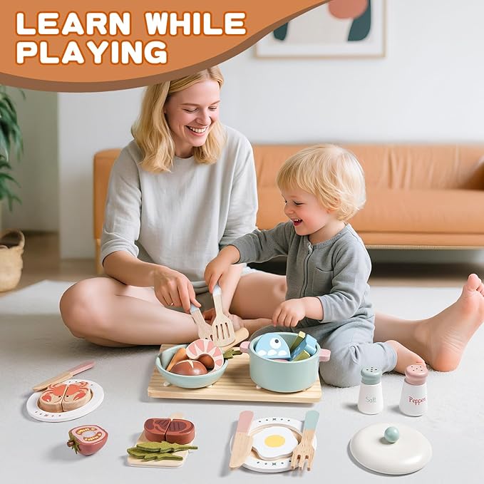 Wooden Play Kitchen Accessories Pretend Toy Pots and Pans Sets for Kids Kitchen Playset with Toy Stove Toddler Cooking Sets Food Toys for Toddlers 3-5 Gifts for Girls Boys (Wooden Cooking Set)