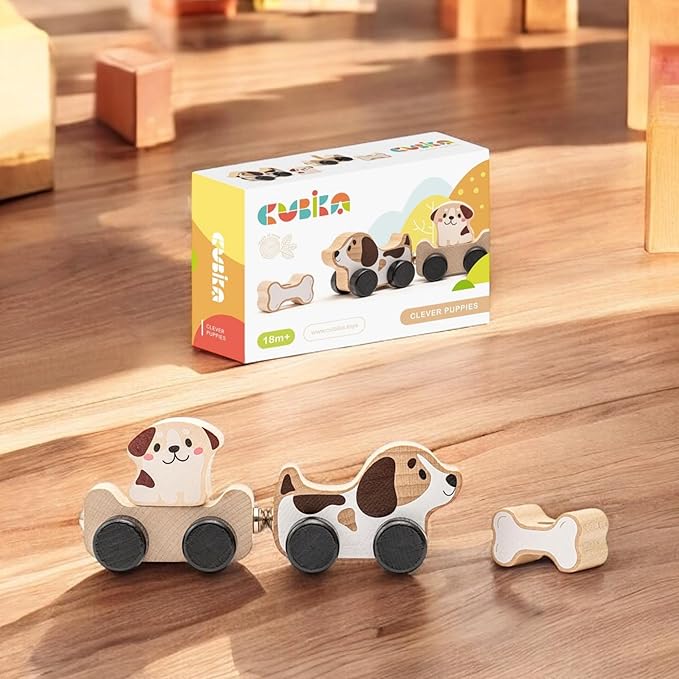 Cubika Wooden Clever Puppies Train Toy – Magnetic Dog-Themed Wood Toy Playset for Toddlers 18 Months+ – Montessori Toy for Fine Motor Skills and Imaginative Play