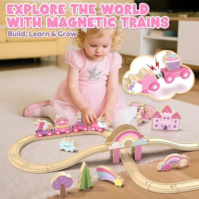 Lehoo Castle Wooden Train Set, Train Set for Toddlers 2-4, Wooden Train Track for Girls, Unicorn Toys for Girls Age 4-6, Toys for 3 4 5 6 Year Old Girl