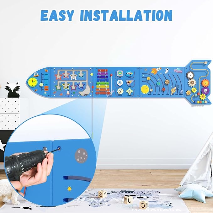 Rocket Activity Wall Busy Board Panels - Sensory Wall Panel for Kids, Montessori Toddler Wall Activity Board, Wall Toys for Toddlers 3, Activity Cube, Wooden Boards, Blue