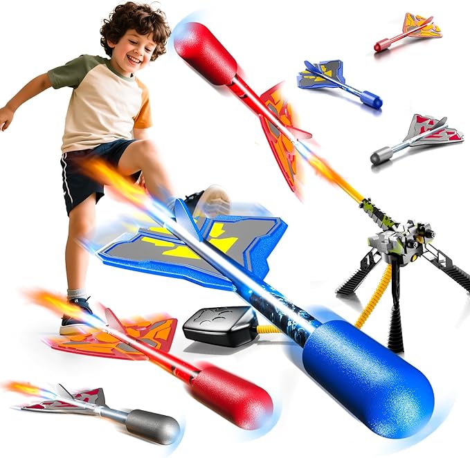Rocket Launcher for Kids with 4 LED Airplane Rockets and Tank Launcher, Outdoor Toys for Toddlers, Rockets for Kids Age 4-8, 2 3 4 5 Year Old Boy Birthday Gift, Launching up to 120+ Feet