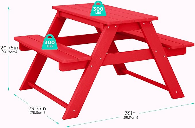 Costaelm Kids Picnic Table, HDPE All Weather Outdoor Toddler Picnic Table and Chair Set Kids Bench for Patio, Backyard, Garden, Lawn, Red