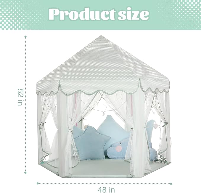 Princess Castle Tent for Girls Fairy Play Tents for Kids Blue Hexagon Playhouse with Fairy Star Lights Toys for Children or Toddlers Indoor or Outdoor Games (Green Princess Tent)