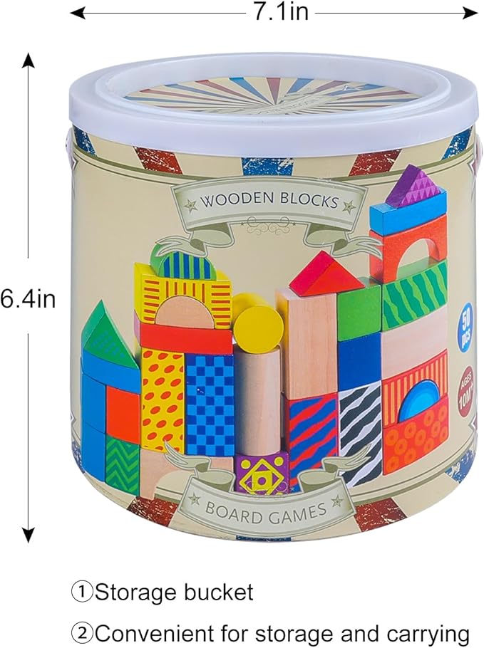 Wooden Building Blocks for Toddlers 1-3, Montessori Shape Sorting & Stacking Toys, 50 Pcs Colored Wooden Blocks Set with Storage Bucket, Kids Building Toys, Stacking Blocks for Boys Girls