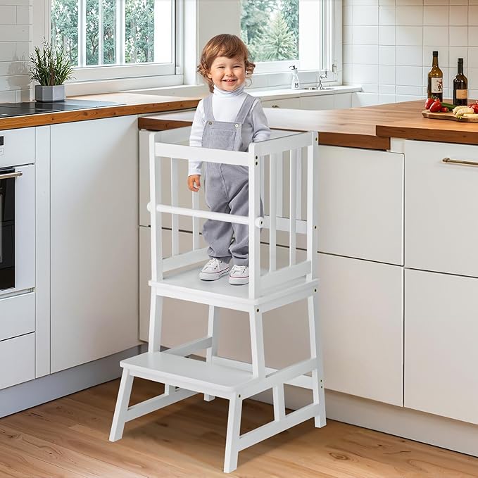 COSYLAND Kitchen Step Stool for Toddlers – Stable A-Frame Design Kids Standing Tower with Protective Crossbar – Wooden Learning Stool for Kitchen Island Counter, Bathroom (White)