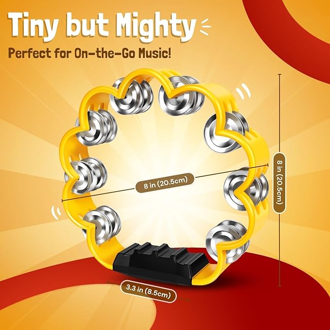 Flexzion Flower Tambourine - 8 Inch Handheld Percussion Instrument w/Metal Jingles & Ergonomic Grip - Small Tambourines for Adults, Kids, Church, Parties, & Musical Events (2 Pack - Red & Yellow)