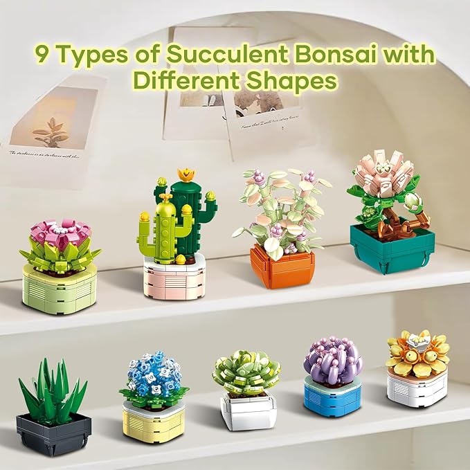 9 Pack Tiny Flowers Succulents Botanical Collection Building Sets 832PCS Compatible with Lego Artificial Plant Set for Home Office Décor Block Toy Bonsai Building Toys Creative Gifts Idea for Girls 6+