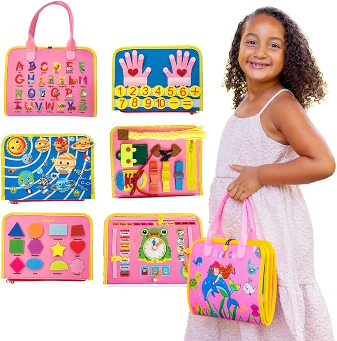 Busy Board Book Bag for Kids | Interactive Learning Activities for Ages 2-7 | Mermaid-Themed Skill-Building Kit | Hair Braiding, Tying Shoes, Math, and Alphabet Puzzles, Felt Bag