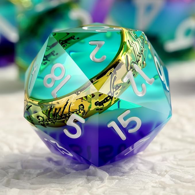 DNDND Mixed Purple & Aqua Blue Dice Set with Golden Rings Inside - 7-Piece Sharp Edge RPG DND Dice in Metal Case, Collector's Gift