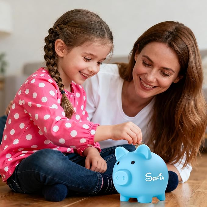 Personalized Cute Plastic Piggy Bank for Kids, Custom Unbreakable Toy Coin Bank with Name, First Toddler Money Box, Birthday, Easter, for Girls & Boys Home Decoration