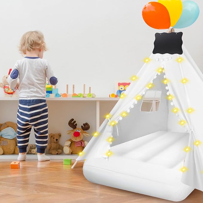 6 Pcs Kids Teepee Tent Bulk with Light String Inflatable Airbed Bedding Fitted Sheet and Markeable Small Blackboards for Boys Girls Indoor Outdoor Slumber Party (White)