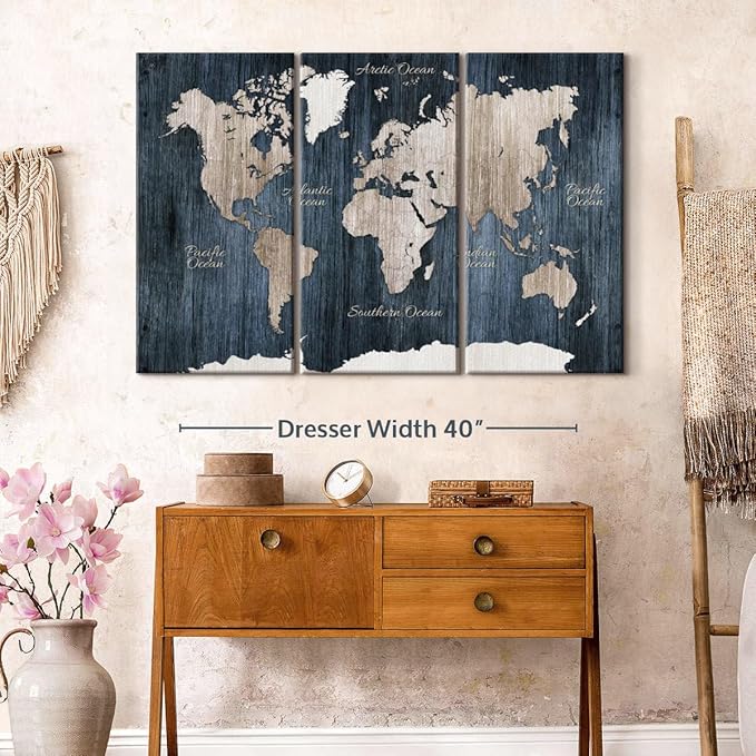 ElephantStock Aged Blue World Map I Canvas - 3 Panel Wall Decor - World Map Digital Art - Blue Wall Art - 50" X 32"