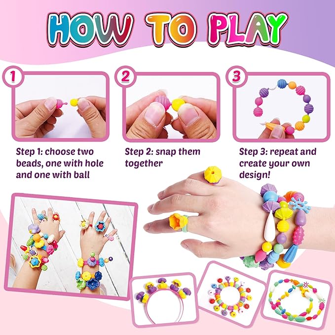 FUNZBO 850pcs Pop Beads - Jewelry Making Kit for 3 4 5 6 7 8 Year Old Little Girls, Arts and Crafts Toys for Kids, Necklace Bracelet Ring Hairband Creativity Snap Set Holidays Birthday Gifts