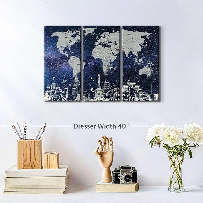 ElephantStock Starry World Map Multi Piece Canvas - 3 Panel Wall Decor - Map of the World Art - Canvas for the Office and Home - 23" X 14"