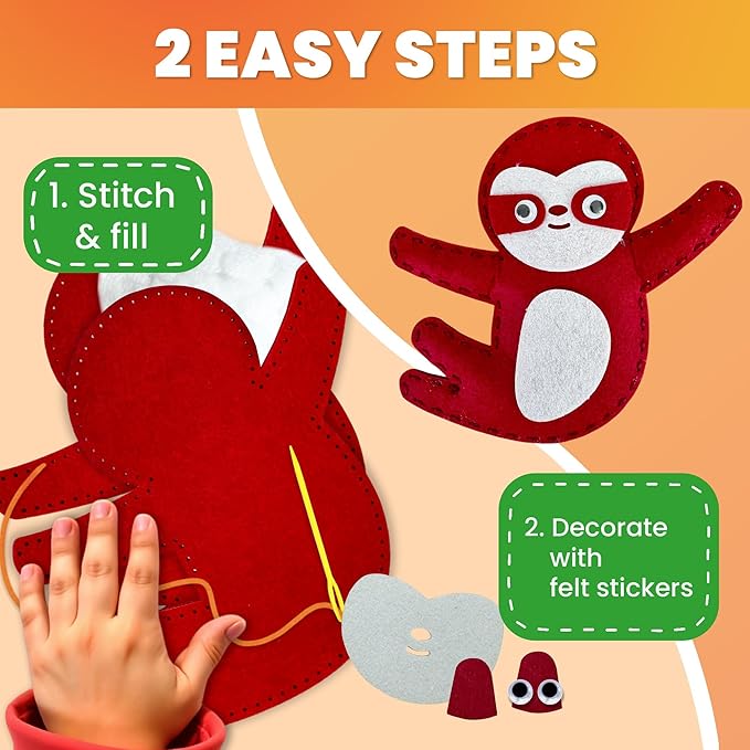 QUOKKA Kids Crafts Ages 4-8, DIY Beginner Needle and Thread Kit - 12 Wild Animals Sewing Kit Basic - Fun Arts Crafts for Kids Ages 6-8 Girls Boys - Plastic Needles, Scissors - 6+ Year Old Girl Gifts