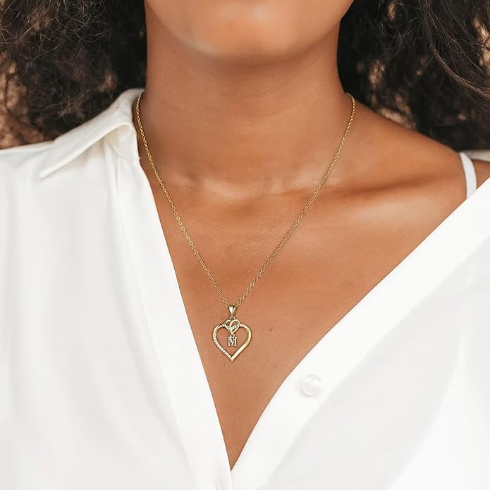 STORUP Heart Initial Necklaces for Women Girls, 14K Gold Plated Cubic Zirconia Heart Initial A-Z Pendant Necklace Dainty Heart Necklaces for Women Teen Girl Jewelry Birthday Gifts