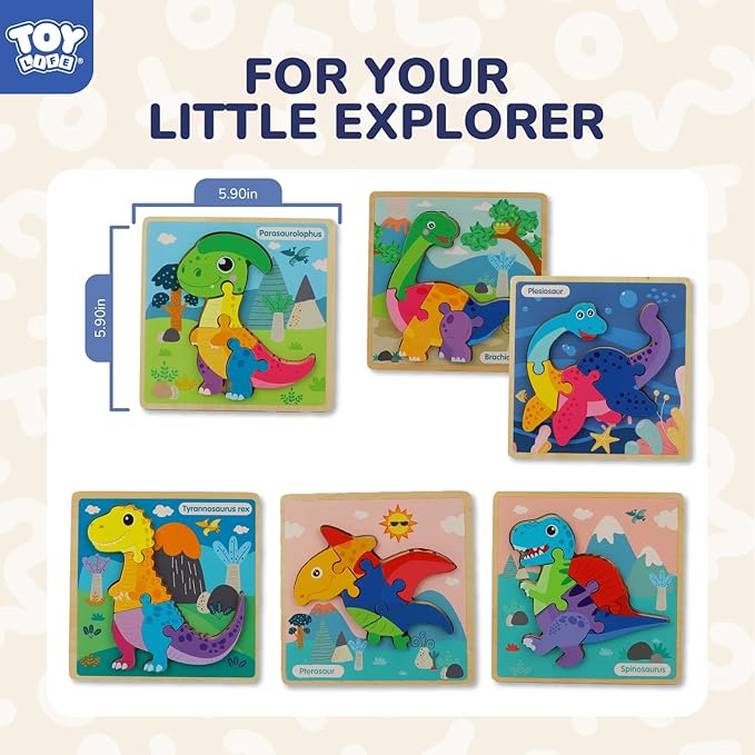 TOY Life Wooden Puzzles for Toddlers 2-4, 6 Pack Dinosaurs Puzzles for Toddler 1-3, Kids Montessori Toys for 1 2 3 Year Old, Educational Toys for Boys Girls Age 2 3 4 5, Baby Learning Toy Gifts