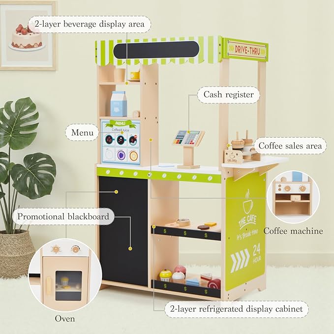 Frogprin 24 Pcs Pretend Play Coffee Shop, Kids Grocery Store Set, Wooden Drive-Thru Window, Coffee Maker, Oven, Cash Register, Bakery Toys Food Accessories Gift for Boys Girls 3+ Years Old