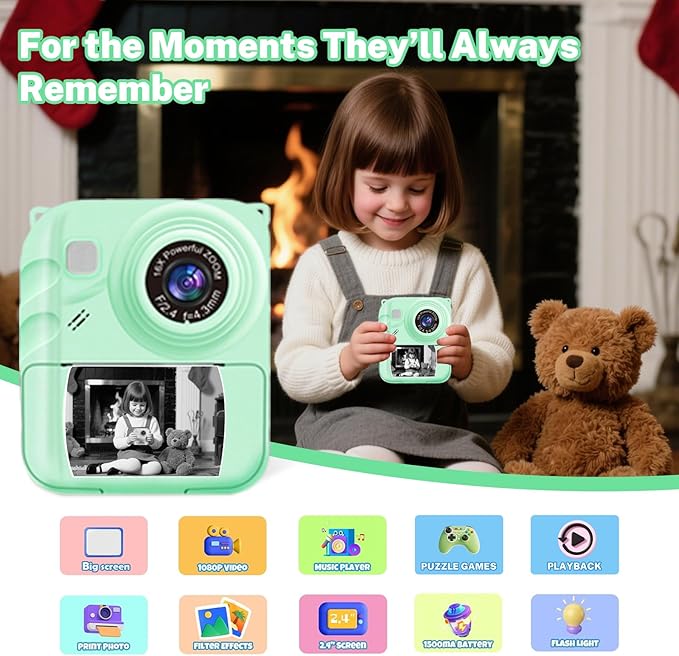 Instant Print Camera for Kids, 1080P Video Camera with 3 Print Rolls, 32GB Card & Cute Cover, Gift for Girls Boys Age 3-12, Toddler Digital Camera with Games, Filters, Music – Green