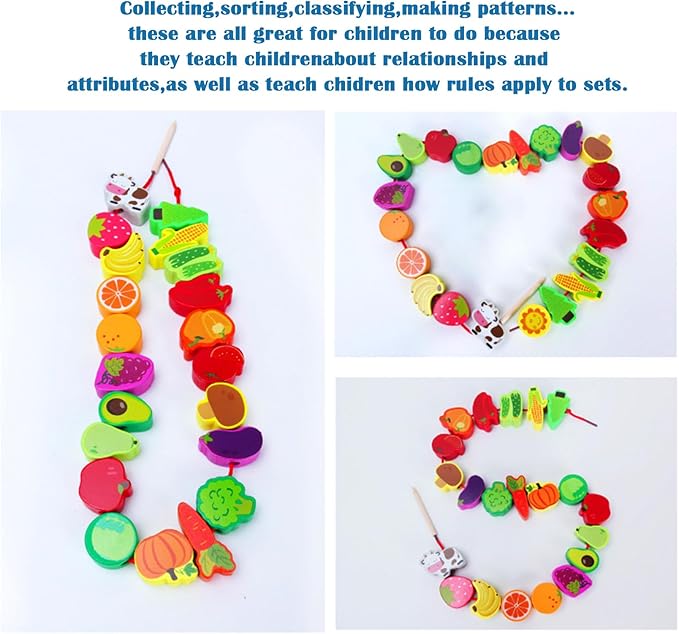 46 PCS Wooden Lacing Beads,Animals Fruits Threading Toys for Toddlers,Preschool Learning Lacing Toys,Montessori Educational Stringing Threading Beads Toys for Kids 3 4 5 6 Year Old Boys Girls