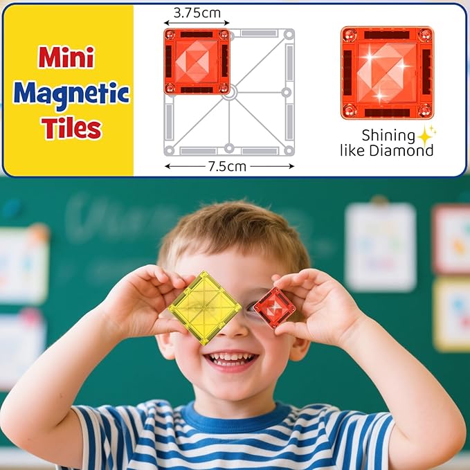 Magnetic Tile Mini Diamond Set Travel Size Magnetic Building Toys with Iron Case, Kid's Travel Essential On-The-Go Magnet Construction Toy Set STEM Development Kit Ages 3+, 26-Piece