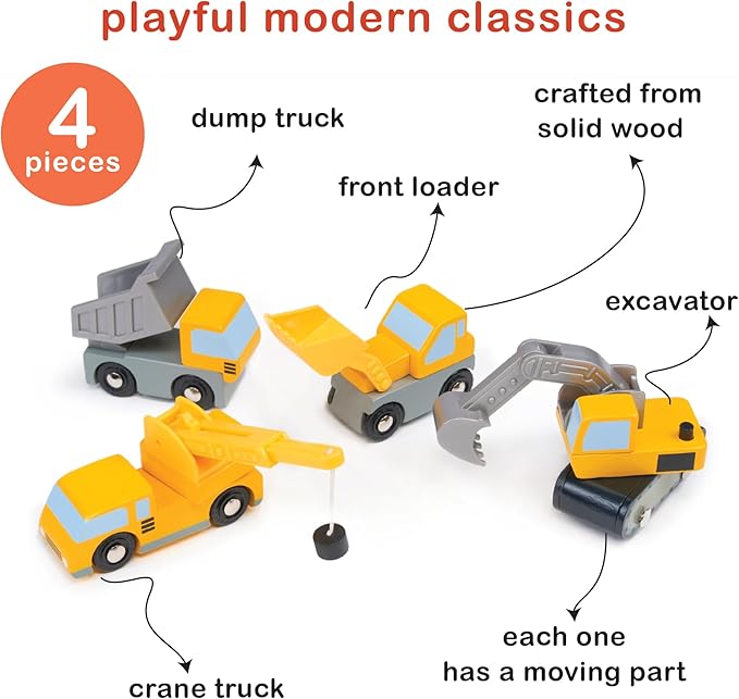 Mentari Toys - Building Vehicles - 4pc Wooden Construction Vehicles with Interactive, Moving Parts - Toy Truck Set for Action-Packed Imaginative Play - Develop Motor Skills and Coordination - Age 3+