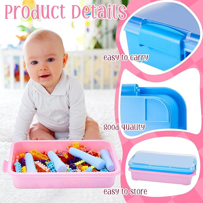 2 Pcs Sensory Bins Sand Tray with Lid, 15in Stackable Leak-Proof Plastic Sensory Tray for Sand & Water Play, Portable Bin for Kids 3 4 5 6, Easy Clean, Indoor Outdoor(Pink, Blue)