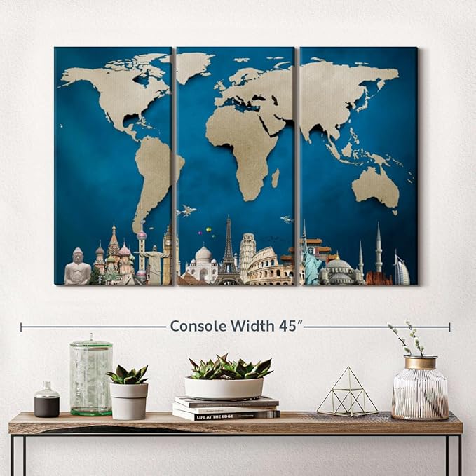 ElephantStock Ocean Blue World Map Multi Piece Canvas - 3 Panel Wall Decor - Map of the World Art - Canvas for the Office and Home - 38" X 24"
