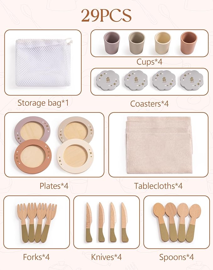 ROBOTIME Play Kitchen Dishes Set, 29PCS Wooden Toddler Plates and Dishes for Boys Girls Gifts