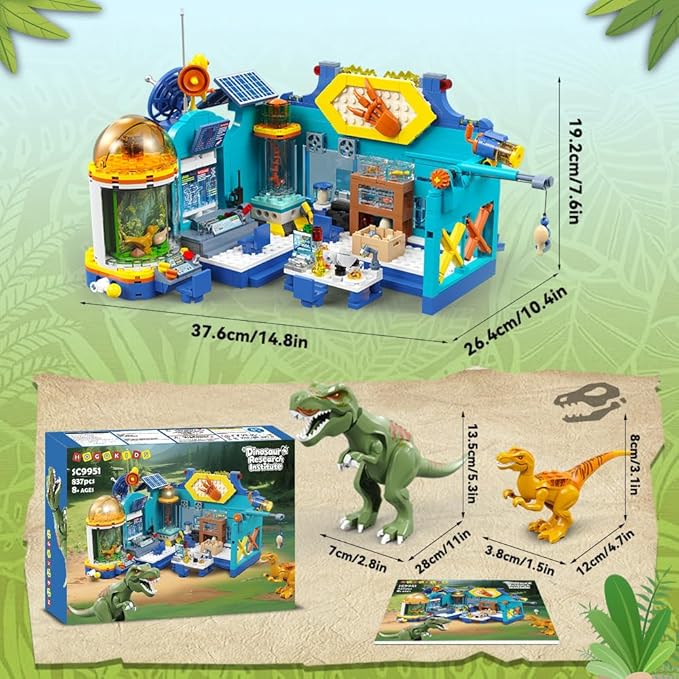 HOGOKIDS 2-in-1 Dinosaur Research Institute Building Set with Light - 837PCS Dino World Building Blocks Toys with 2 Dinosaur Figures, Dinosaur Playset Birthday Xmas Gifts for Boys Girls Age 8-14 Years