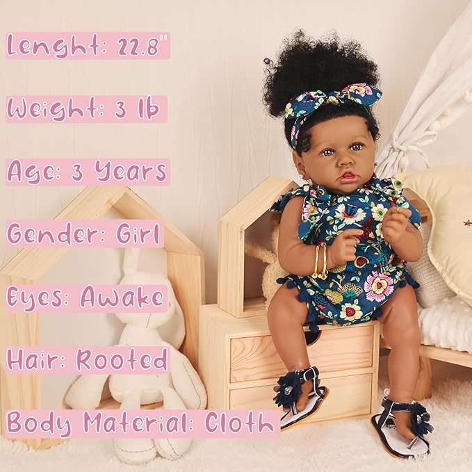 HOOMAI Reborn Baby Black Dolls African American Lifelike Silicone Doll Realistic 22.8 Inch with Cloth Body Birthday Gift Set for Ages 3+