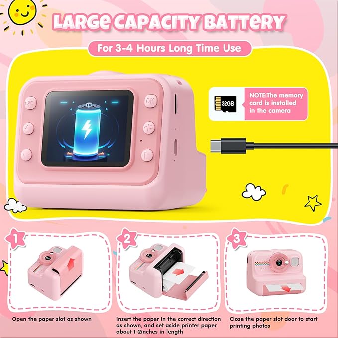 Kids Instant Print Camera, 1080P HD with 3 Rolls Print Paper & 32GB Card, Selfie Digital Camera for Kids, Ideal Gift for Boys & Girls Age 3-14 (Pink)