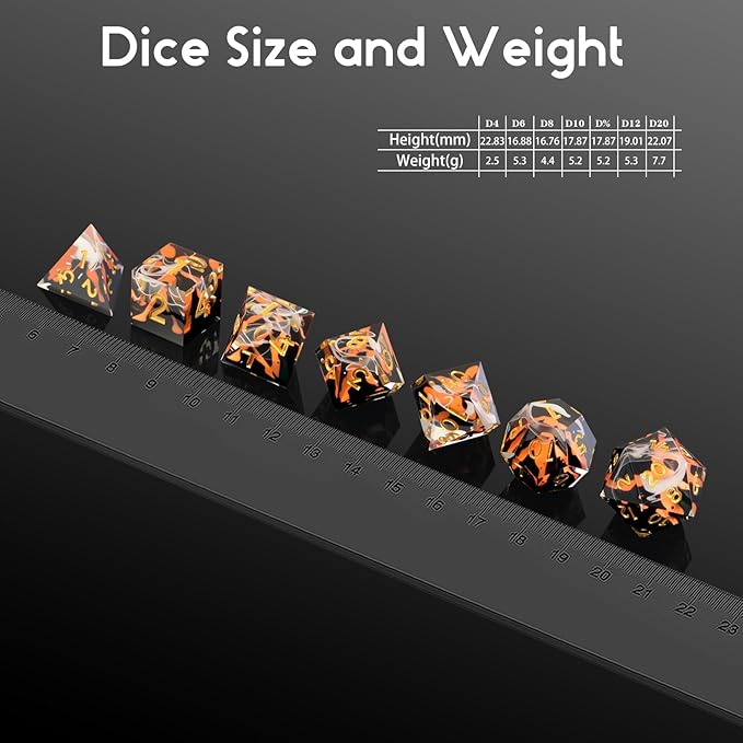 DNDND Volcanic Sharp Edge Resin Dice Set - 7PCS Lava Flow DND Dice for Dungeons and Dragons with Metal Case, Precision Polyhedral RPG Dice Gift for Gamers