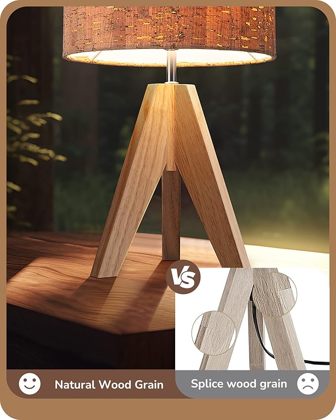 EDISHINE Small Table Lamp, Wooden Tripod Nightstand Lamp with Bark Linen Shade, Farmhouse Bedside Lamp for Nursery, Bedroom, Kids Room, Office, Reading Desk, 14.2 Inch, E26 Socket, ON/Off Switch