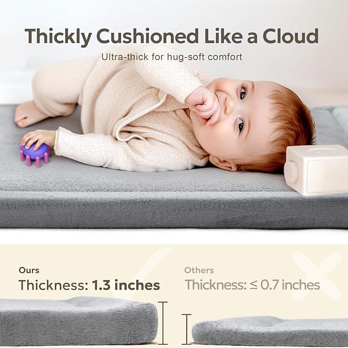 Mallify Ultra Soft 1.3" Thick Baby Play Mat for Floor, Large Velvet 50x50 Playpen Mat, Baby-Safe & Non-Slip Tummy Time Mat, Crawling Mat for Babies, Toddlers, Infants, Kids, Easy Care, 50"x50", Gray