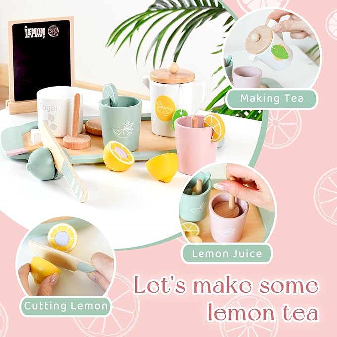 Lemonade Stand for Kids Tea Set Pretend Play Toys Tea Party Set Lemonade Stand Supplies No Assembly Required Non-Toxic Wooden Toys Tea Sets for Toddlers 3-5 Birthday Gift