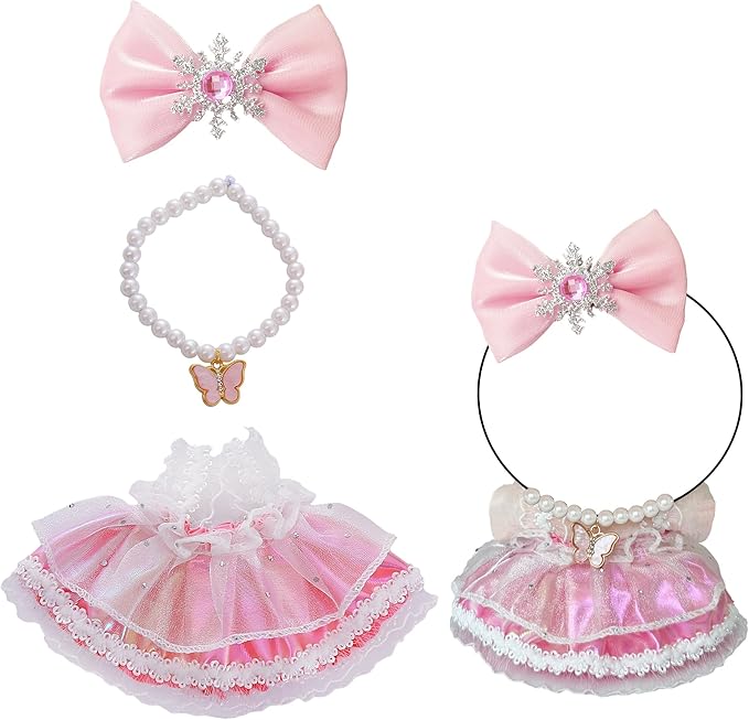 17cm Doll Clothes Set & Dolls Outfit Handmade Doll Clothing Set with Pink Dress Necklace and Bow Accessories for 17cm Plush Dolls, Clothes Only, No Doll Included (Pink B)