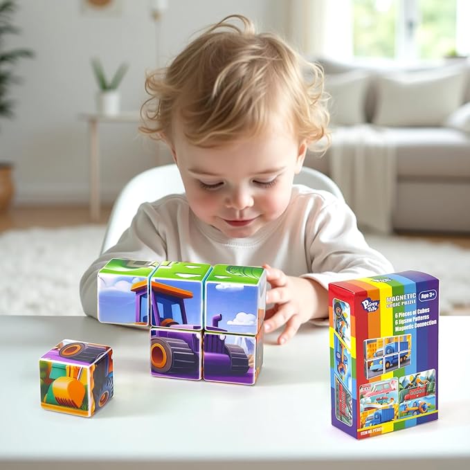 Magnetic Cubic Tiles for Kids, Large Building Blocks 1.65 inch, Engineering Construction Vehicles Puzzle Toy for Toddlers, Sensory & Montessori Magnetic Toys for Kids Ages 3 4 5 6