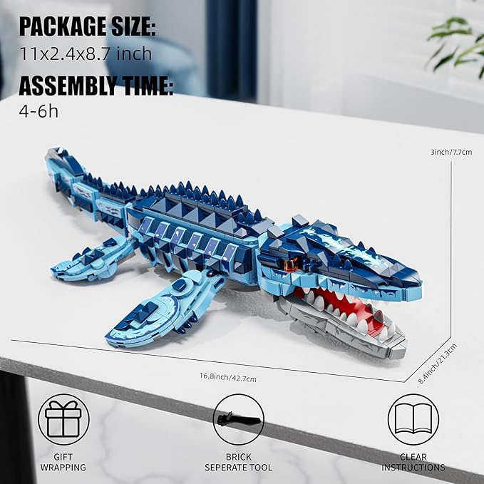 Mosasaurus Dinosaur Building Blocks Set, 805 PCS Dinosaur World Building Toy, Jurassic Ocean Animal Model Collection Toys for Home Decor, Birthday Gift for Adults Boys Age 8-12
