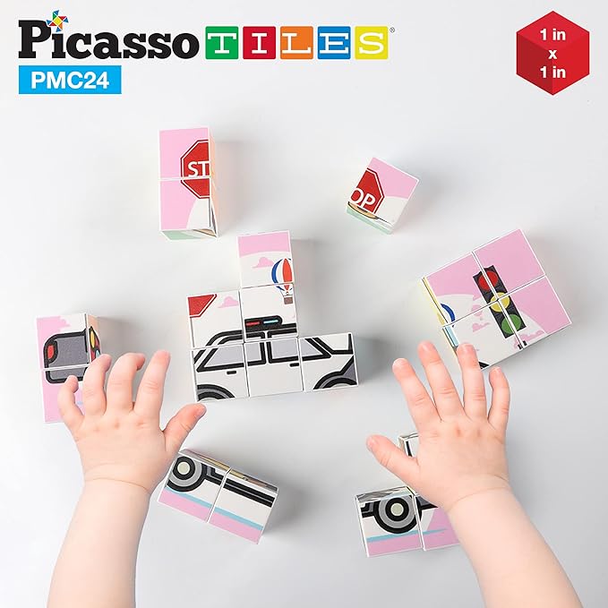 PicassoTiles Magnetic Cube Puzzle 6-in-1 Vehicle Theme Pattern Magnet Brain Teaser Cubes Building Block 120 Pictures Toy Set Kids Ages 3 & Up Preschool Children Promotes Problem PMC24